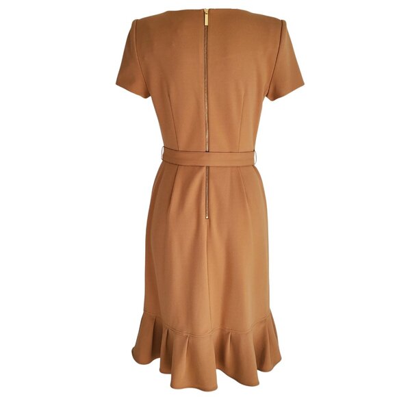 Calvin Klein NWT Career Dress Tulip Hem Tie Front Short Sleeve Deep Tan Size 4 - Picture 2 of 16